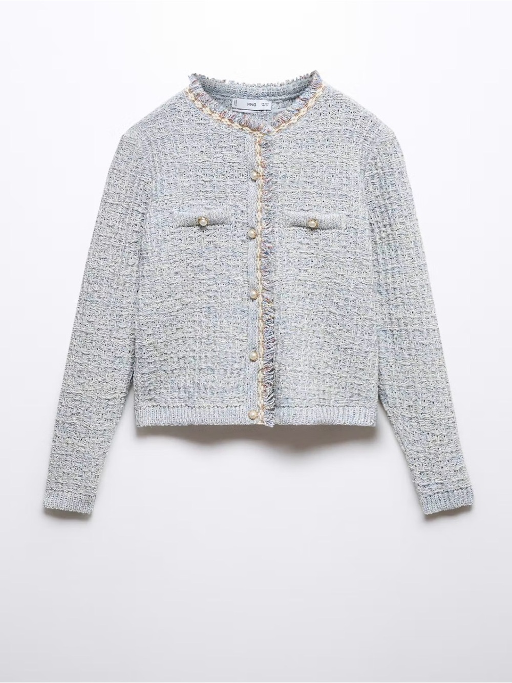 Mango- TWEED CARDIGAN WITH JEWEL BUTTON - Sky blue